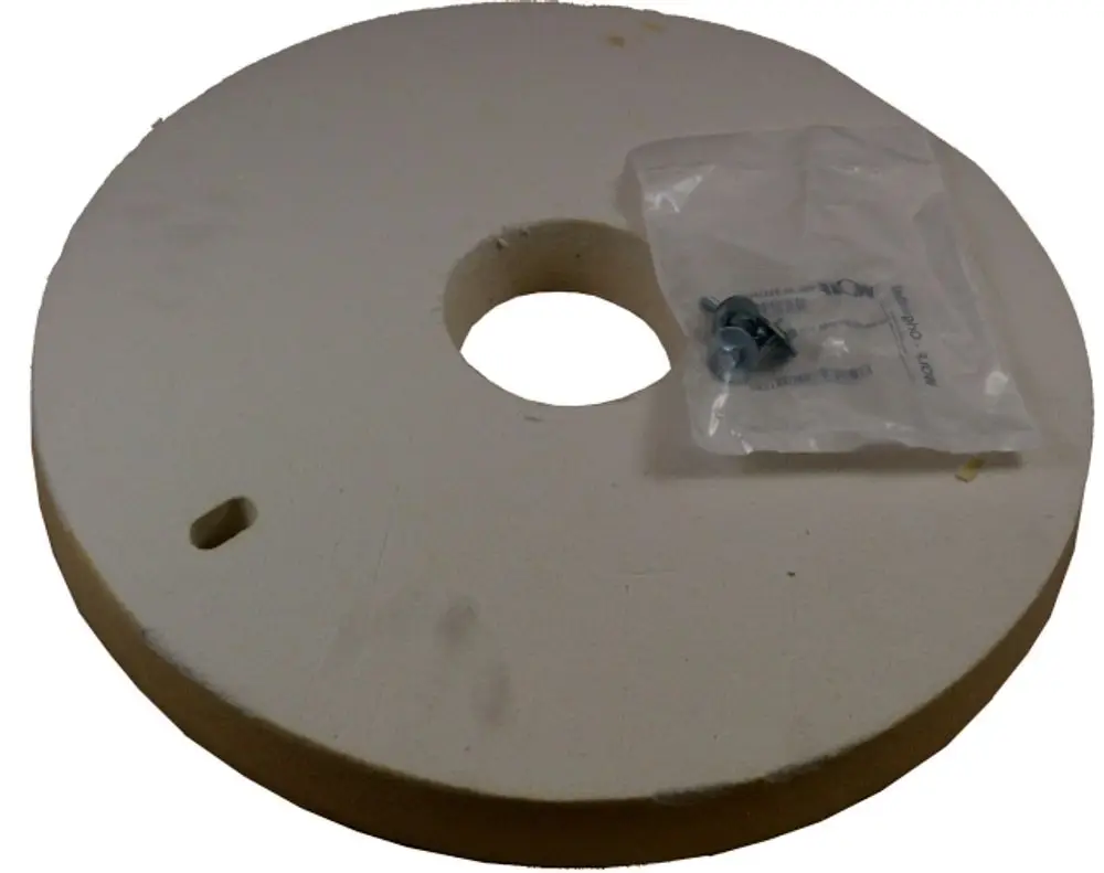 Isolierstein in runder Form mit mittigem Loch, dazu eine Packung Schrauben. Produkt von Wolf, geeignet für den Einsatz an Kesseltüren.